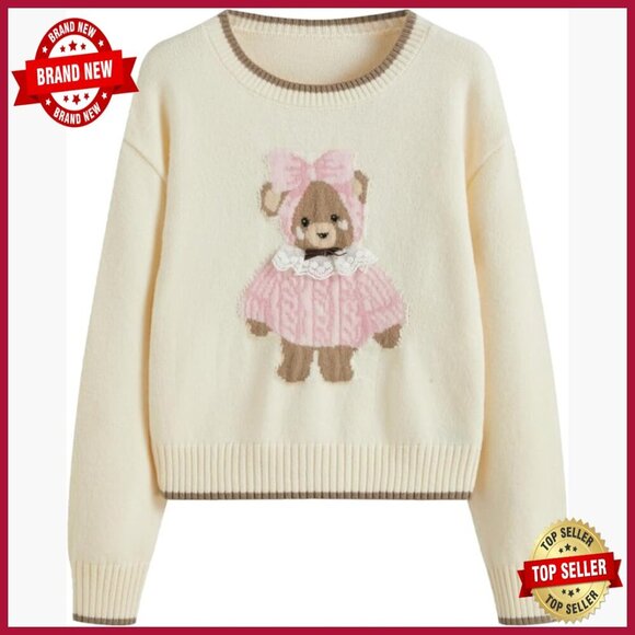 Sweaters - Soft Knit Cropped Pullover Sweater Bear Graphic Long Sleeve Casual Fall
